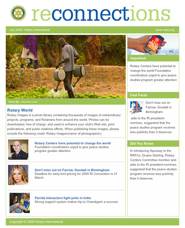 Image of Rotary International e-blast page layout.